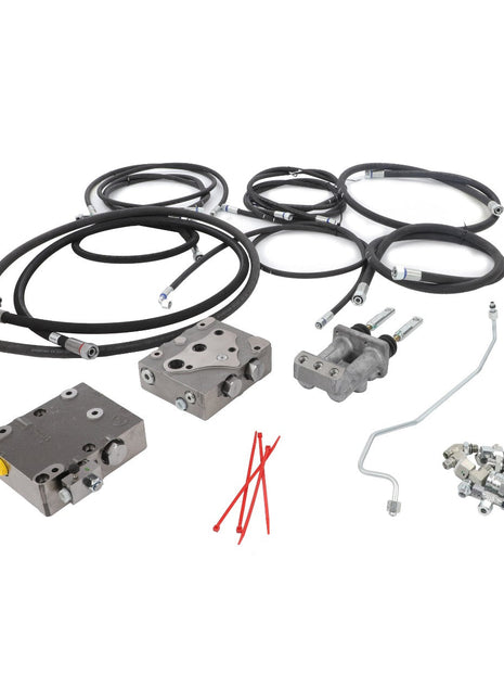 The AGCO hydraulic system component kit (Accessory Code: Acw0696610) includes hoses, valves, connectors, and mounting hardware all arranged on a white background. Currently, there is no further product description available.