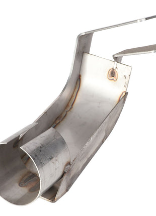 The AGCO DEFLECTOR, RIGHT HAND (AG326241) is a metallic, cylindrical chute featuring an open end and protruding flat extensions, with evidence of welding and slight rust spots—a prime example of maximum durability in application equipment parts.