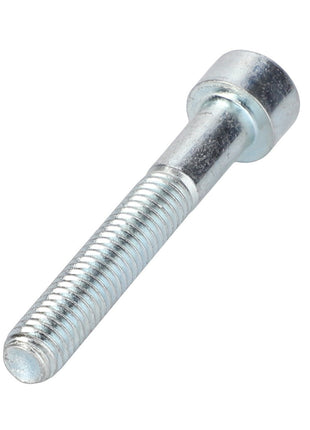 A close-up view of the AGCO | Hex Cap Screw - Va021378 reveals its cylindrical head with an internal hexagonal drive and a threaded shaft, likely made of durable metal, possibly steel.