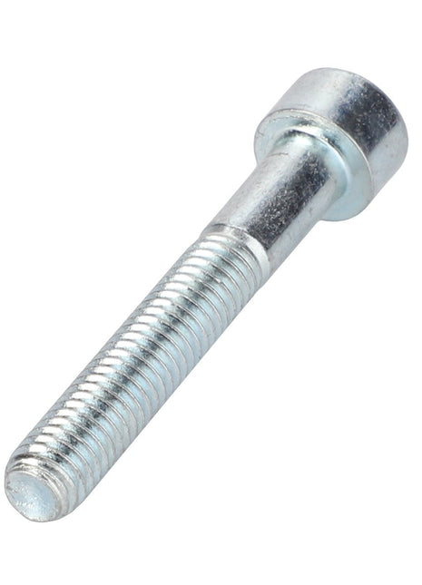 A close-up view of the AGCO | Hex Cap Screw - Va021378 reveals its cylindrical head with an internal hexagonal drive and a threaded shaft, likely made of durable metal, possibly steel.