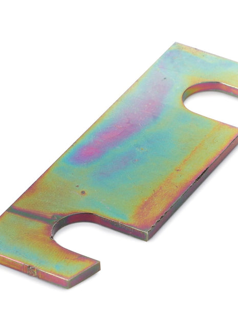 The AGCO | SHIM - D28285489, a flat and rectangular metallic object with a rainbow-like coloration, features two U-shaped notches on either side near the edges. Please note that there is no current product description information available for further details.