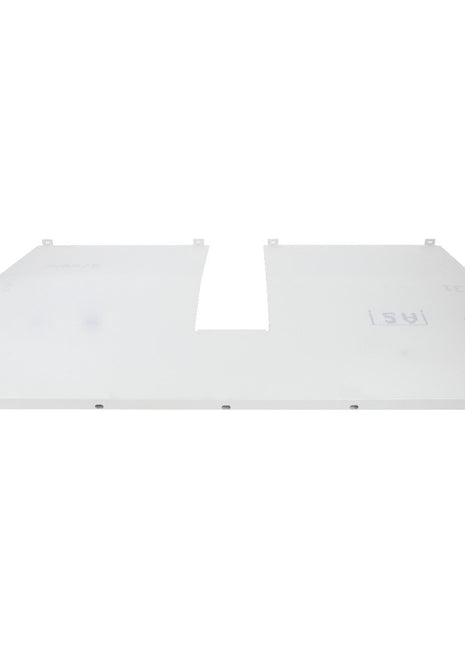 The AGCO RIGHT HAND WEARPLATE - D28285084, a white rectangular sheet of material, features a U-shaped cutout in the center and small tabs along the top edge.