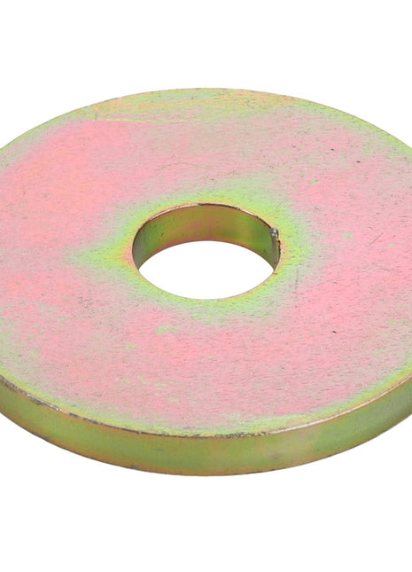 The AGCO CIRCLIP - ACY1515750, produced by AGCO, is a flat, round metallic washer with a central hole and a gold-colored, slightly iridescent finish. No additional product description information is currently available.