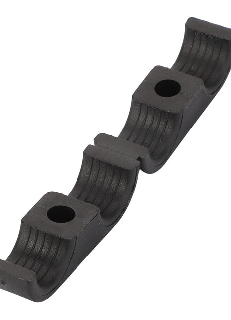 The AGCO | Clamp - Acp0674900 is a black metal clamp featuring two central screw holes and curved ends, specifically designed by AGCO to securely fasten cylindrical objects.