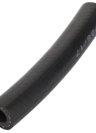 The AGCO Hose - Acp0329060, a durable black rubber hose with white markings, is elegantly displayed against a clean white background. Slightly curved, it reveals a hollow center that enhances its flexible design.