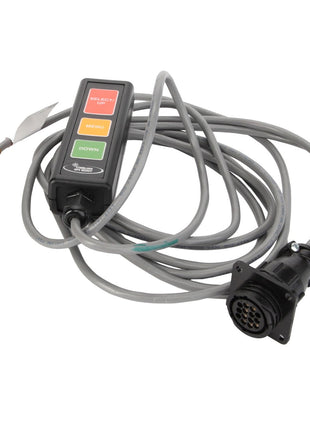 The AGCO | BOX - AG610788 handheld controller, branded under AGCO, features three buttons (select, menu, down) and is connected by a long cable equipped with multi-pin connectors at both ends.