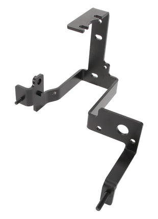 The AGCO Bracket - Acw144450A is a robust black metal bracket from AGCO, featuring multiple bends, precise holes, and protruding pegs designed for versatile mounting purposes.