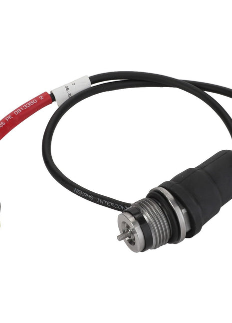 Image of the AGCO | Indicator - Acv0813230, a black automotive sensor featuring a threaded metal end and attached cable, terminating in a red and black connector. No Current Product Description Available.