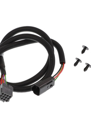 The AGCO | SUPPLY CABLE - F931502030010 features a coiled electrical wiring harness with connectors on each end and includes four black plastic fasteners, ensuring a secure and organized installation.