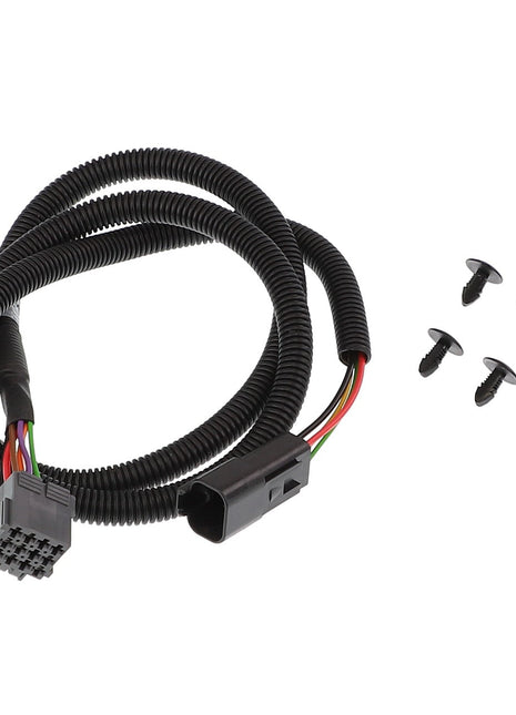 The AGCO | SUPPLY CABLE - F931502030010 features a coiled electrical wiring harness with connectors on each end and includes four black plastic fasteners, ensuring a secure and organized installation.