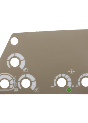 Introducing the AGCO Decal - Acp0424760, a beige control panel featuring white icons and numbers ranging from 1 to 5. This panel includes two color-coded buttons: one green button labeled "1" and one blue button labeled "2." Additionally, it showcases various circular indicators and symbols. At this time, no further product description is available.