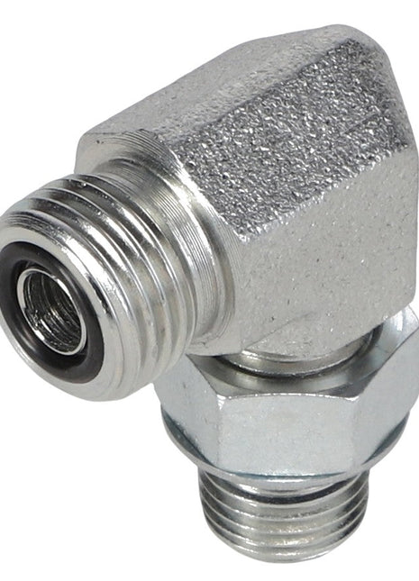 The AGCO | ELBOW FITTING - CH148-8378 from AGCO is a metal pipe fitting featuring a 90° right-angle bend with Male O-ring threaded connectors on both ends.