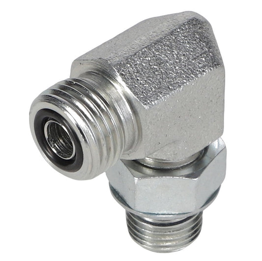The AGCO | ELBOW FITTING - CH148-8378 from AGCO is a metal pipe fitting featuring a 90° right-angle bend with Male O-ring threaded connectors on both ends.