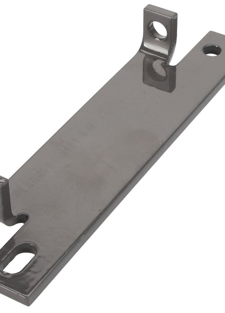 The AGCO | HINGE - D28851231 is a rectangular metal bracket featuring three mounting holes: two cylindrical and one elongated.