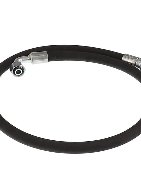 The AGCO HYDR. HOSE - AL9031429 is a coiled hydraulic hose featuring metal fittings on both ends, with one being a straight fitting and the other an elbow fitting. Currently, no additional product description information is available.