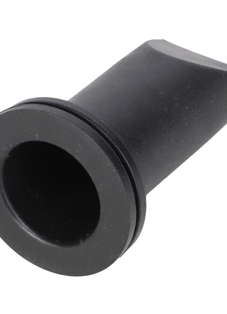 Introducing the AGCO | GROMMET - AG718802, a black rubber vacuum attachment designed with a round opening and a flared, angled end, perfect for efficient cleaning.