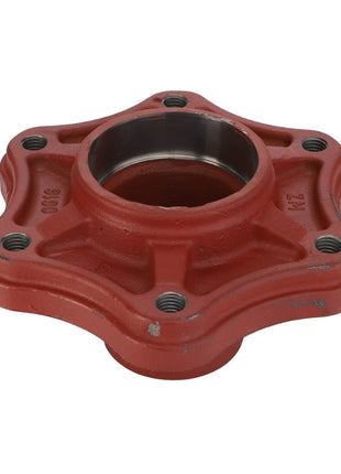 The AGCO HOUSING - D46726400 is a red metal mechanical flange designed in a five-point star shape, featuring multiple threaded holes and a central cylindrical opening.