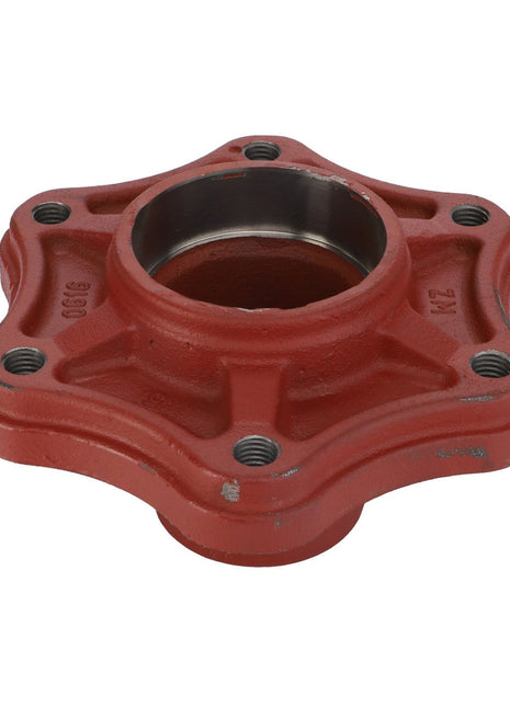 The AGCO HOUSING - D46726400 is a red metal mechanical flange designed in a five-point star shape, featuring multiple threaded holes and a central cylindrical opening.