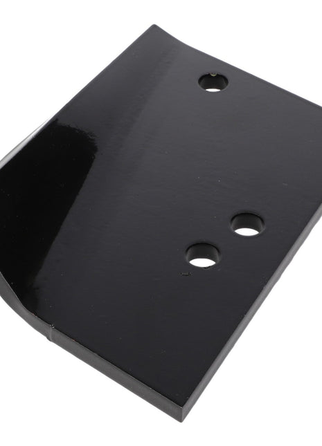 A sleek black metal bracket, the AGCO BLADE - E100658 by AGCO, featuring a curved edge and three precisely crafted round holes for versatile mounting options.