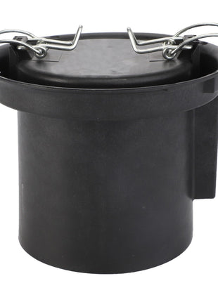 The AGCO Cover - Acp0431740, a black plastic cylindrical container featuring a sealed top secured by metal clasps and a side handle, is clearly essential where no current product description is available.