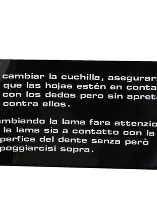 AGCO black sticker (DECAL - D49100192) with white Spanish text detailing blade-changing instructions. Highlights the need for contact and caution. No further product description available. Approximately 200 characters.