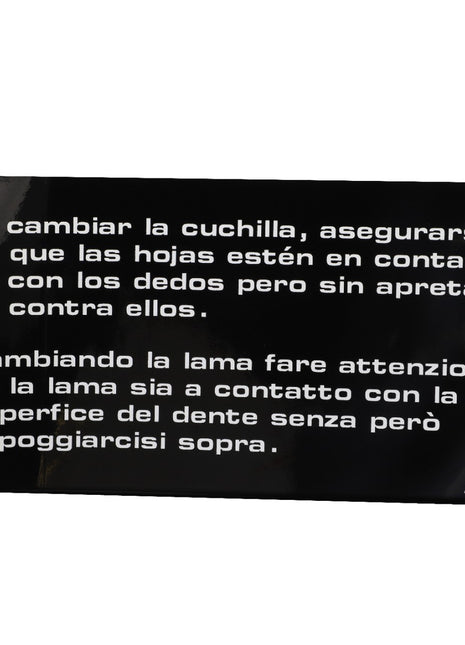 AGCO black sticker (DECAL - D49100192) with white Spanish text detailing blade-changing instructions. Highlights the need for contact and caution. No further product description available. Approximately 200 characters.