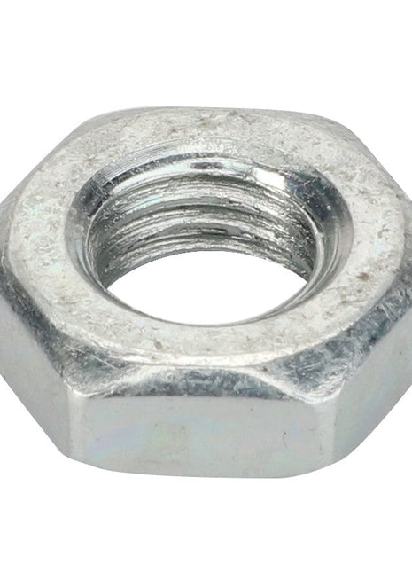 A close-up image of the AGCO NUT - LA10788714, showcasing its metal hexagonal design and internal threading, which is typically used for fastening components together.