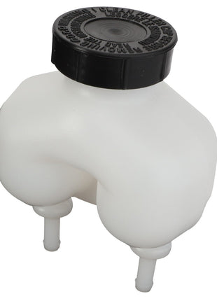 The AGCO Brake Reservoir - La320956200 by AGCO is a durable white plastic brake fluid reservoir featuring a secure black cap and dual outlet tubes at the bottom.