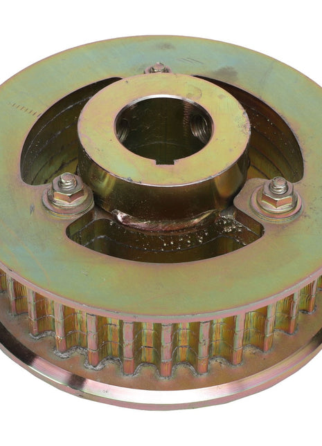 A sprocket named AGCO | Sprocket - Acx2722180, featuring a metallic construction with a central hole, two mounting bolts, and toothed edges, designed for use in intricate machinery or advanced mechanical systems.