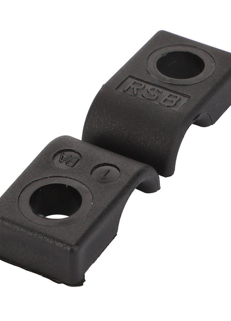 The AGCO Clamp - Acp0665670 is a black plastic component featuring two holes of differing sizes and the marking "RS-B" engraved on one side. No current product description available.