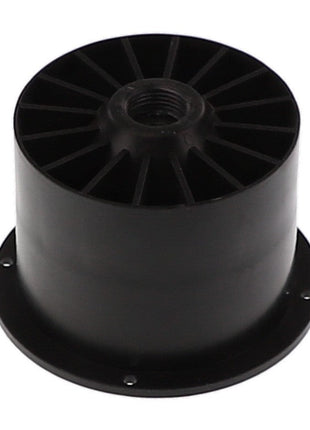 The AGCO | TURBINE - AG708713, a sleek black cylindrical object, features a threaded hole at the top and is complemented by a flanged base with multiple screw holes for secure attachment.