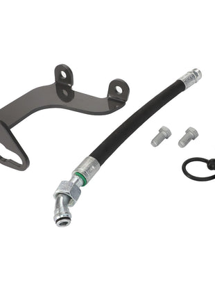 A set of automotive parts from the AGCO Hydraulic Kit - Acp0650390, which includes a sturdy black bracket, a flexible hose with metal fittings, two bolts, and a small metal component topped with a rubber cap.