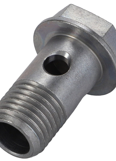 A metal bolt with a hole through the side and threaded end, specifically referred to as the AGCO | BANJO BOLT - F926202710470 by the brand AGCO. There is no current product description information available.