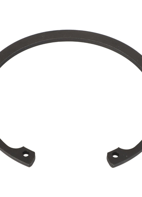 The AGCO INTERNAL RETAINING RING - AG522847 is a black, semi-circular snap ring with two holes near the ends, commonly used in mechanical applications to secure components on a shaft or in a bore. Note that specific product description information is currently unavailable.