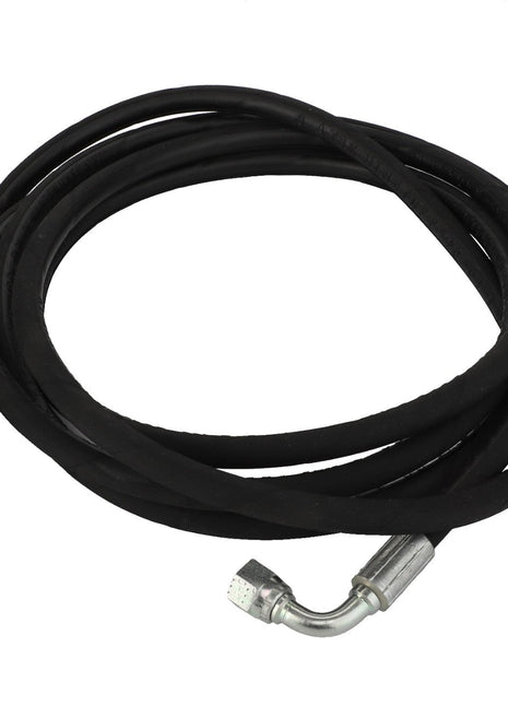 The AGCO Hydraulic Hose - Acw2514940 is a coiled black hose equipped with metal fittings on both ends, including one angled fitting. Current Product Description Not Available for this item.