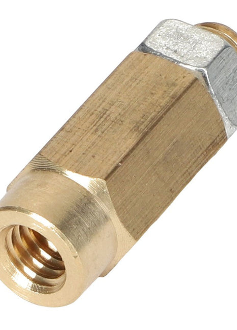 The AGCO extension, model AG125908, a finely crafted brass hex coupling nut with internal threading, is elegantly displayed on a white background.