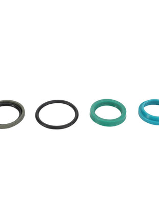 Four vibrant rubber O-rings in gray, black, green, and blue from the AGCO SEALS KIT - D45140015 are neatly arranged in a row on a pristine white background.