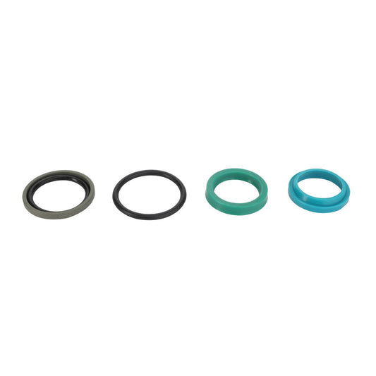Four vibrant rubber O-rings in gray, black, green, and blue from the AGCO SEALS KIT - D45140015 are neatly arranged in a row on a pristine white background.