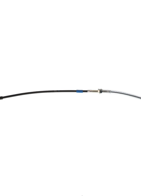 A close-up of the AGCO | Cable - Acw6740240, a black clutch cable for a vehicle, featuring a metal eyelet at one end and a coiled spring cover at the other. Please note that there is no current product description information available.