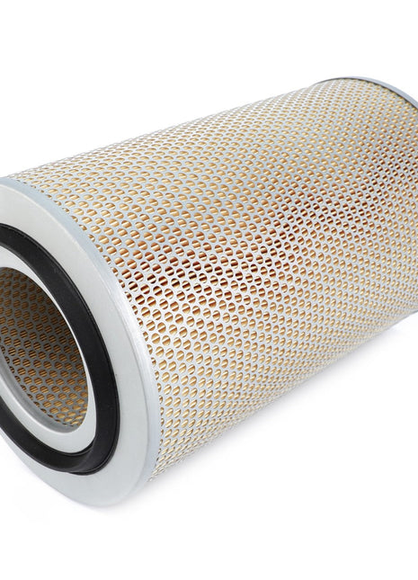 The AGCO | Engine Air Filter Cartridge - F385202090010 is a cylindrical filter designed for use in engines or HVAC systems. It features a yellowish-tan metal mesh exterior and black gaskets on each end, providing 99.9% filtration efficiency that ensures optimal engine protection.