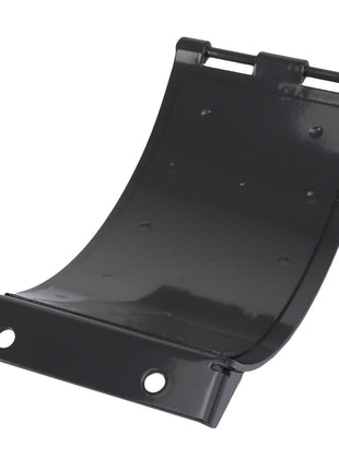The AGCO Hatch - Acw496702A is a black, curved hinge piece made from either plastic or metal, featuring a flat bottom and two holes on the lower part. It is ideal for creating sturdy and reliable connections in furniture or mechanical applications.