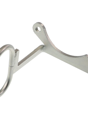 The AGCO | Hose Guide - Acp0483840 by AGCO is a metal bracket featuring two screw holes and a circular loop on one end, specifically designed for mounting or securing purposes. This product offers reliable support and stability for your projects.
