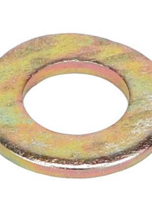 The AGCO | FLAT WASHER - AG520880 by AGCO is a single metallic washer with a circular shape and a central hole, featuring a slightly tarnished surface. No current product description information available.