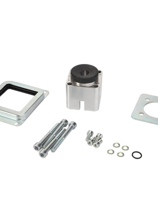 A metal mounting kit with various components, including bolts, washers, a rubber insulator, and metal brackets, meticulously laid out on a pristine white background, is available under the product name AGCO | Bearing - F650813360020 from the brand AGCO.