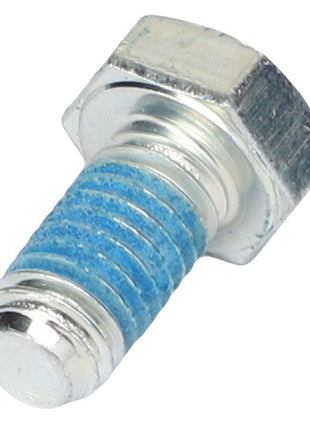 A close-up of the AGCO | HEXAGONAL HEAD BOLT - 0901-30-43-00, showcasing the blue thread locker applied to the threaded part.