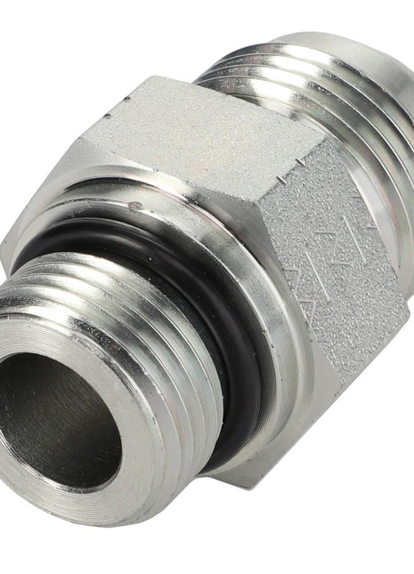 The AGCO ADAPTER - AL5028099 is a metal hydraulic fitting that features a hexagonal nut in the center and threaded male connectors on both ends, ensuring secure and reliable connections.