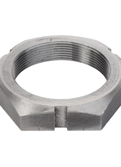 Close-up of the AGCO Special Nut - Acw0943650 featuring a hexagonal shape and internal threading. This metal nut has a slotted design with a silver finish. Please note that no additional product description information is available at this time.