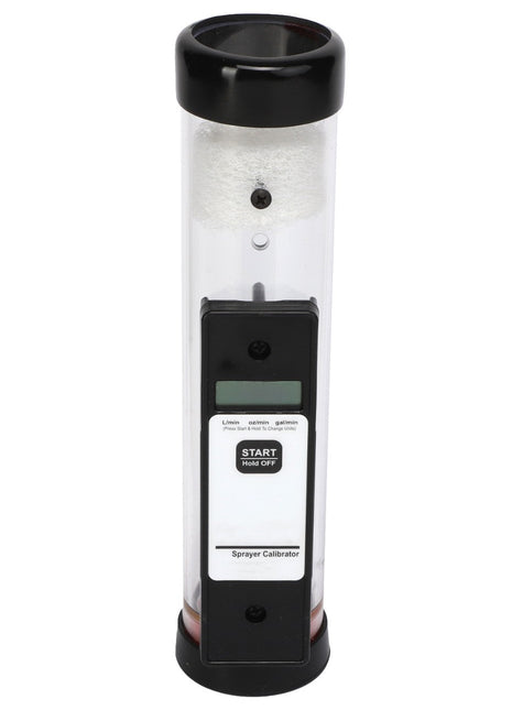 The AGCO | FLOWMETER - AG428355, an advanced digital spray calibrator with a cylindrical transparent casing, features a central control panel equipped with a digital display and buttons for precise calibration. Unfortunately, additional product description information is currently unavailable.