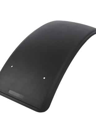 The AGCO Fender, 520 mm - 4285092M3, is a black, curved vehicle fender featuring a smooth surface and two small holes near one edge for easy attachment. Designed to fit Massey Ferguson models as an AGCO Parts Genuine replacement, this component ensures both durability and style.