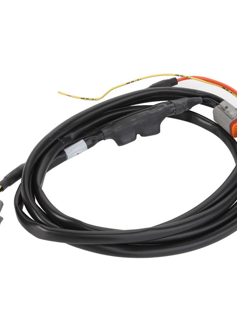 A coiled black electrical cable with connectors on both ends and a section of yellow and red wires protruding from the middle, branded as AGCO | Cable - Acp0352040. Current product description is not available.